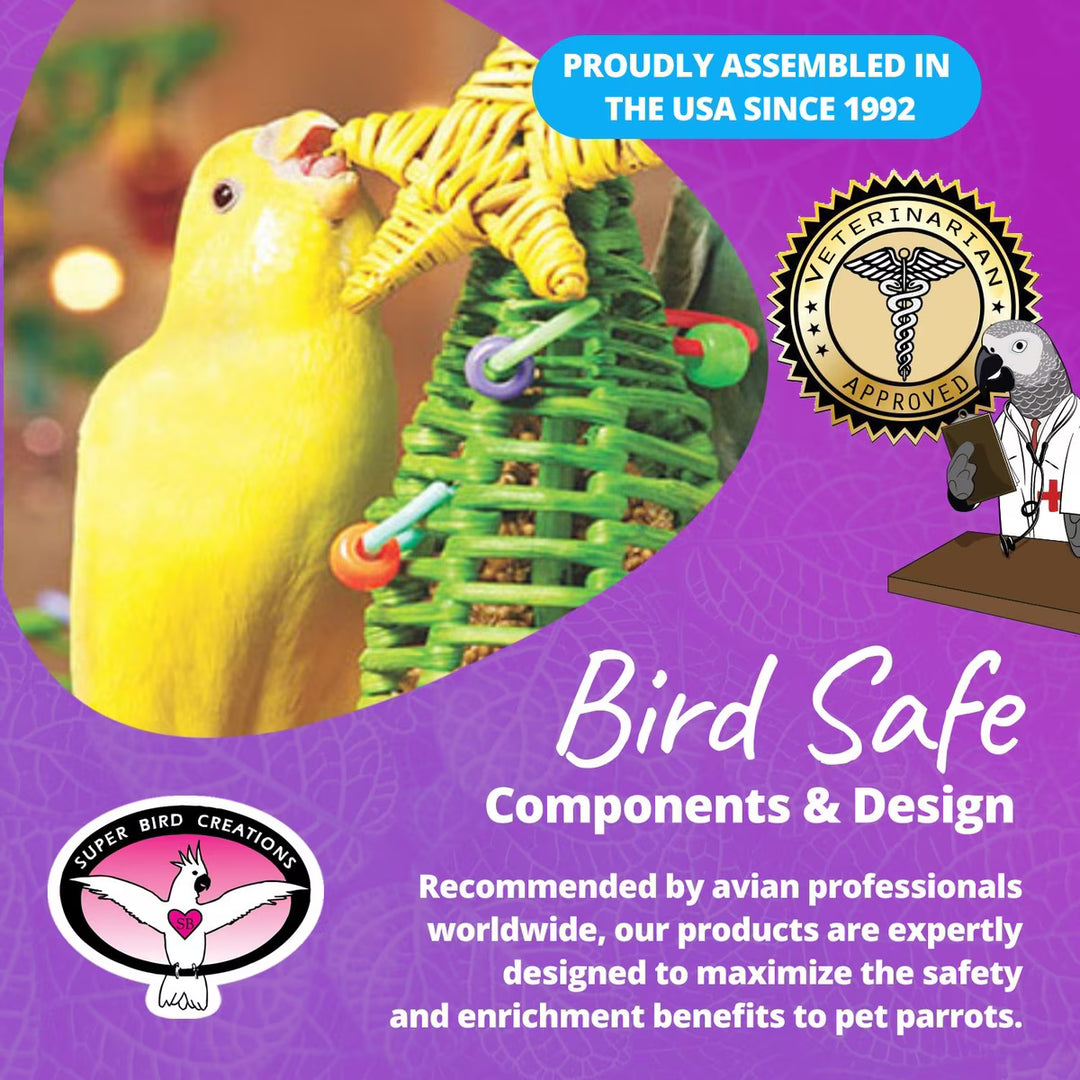Yellow parrot interacting with a green Super Bird Creations Mini Xmas Tree bird toy on a purple background with text about product safety and approval.