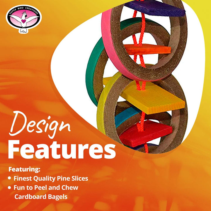Colorful bird toy (Super Bird Creations Olympic Rings) with text about design features on a gradient background