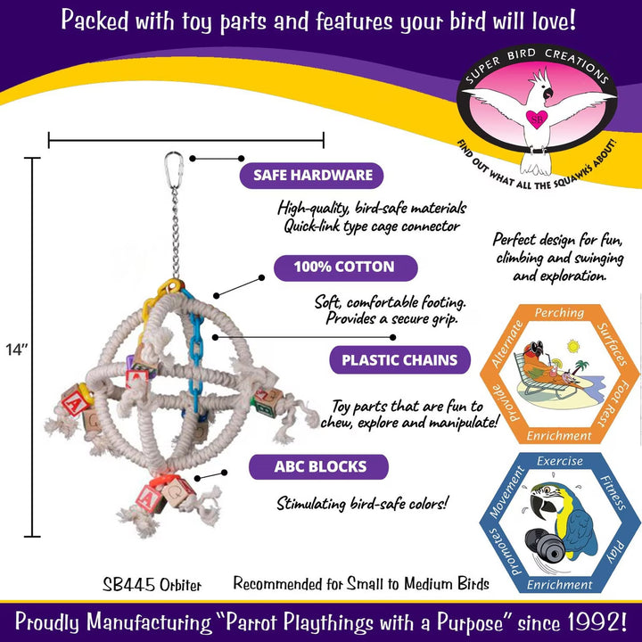 Super Bird Creations Orbiter Bird toy with features and specifications on a colorful background