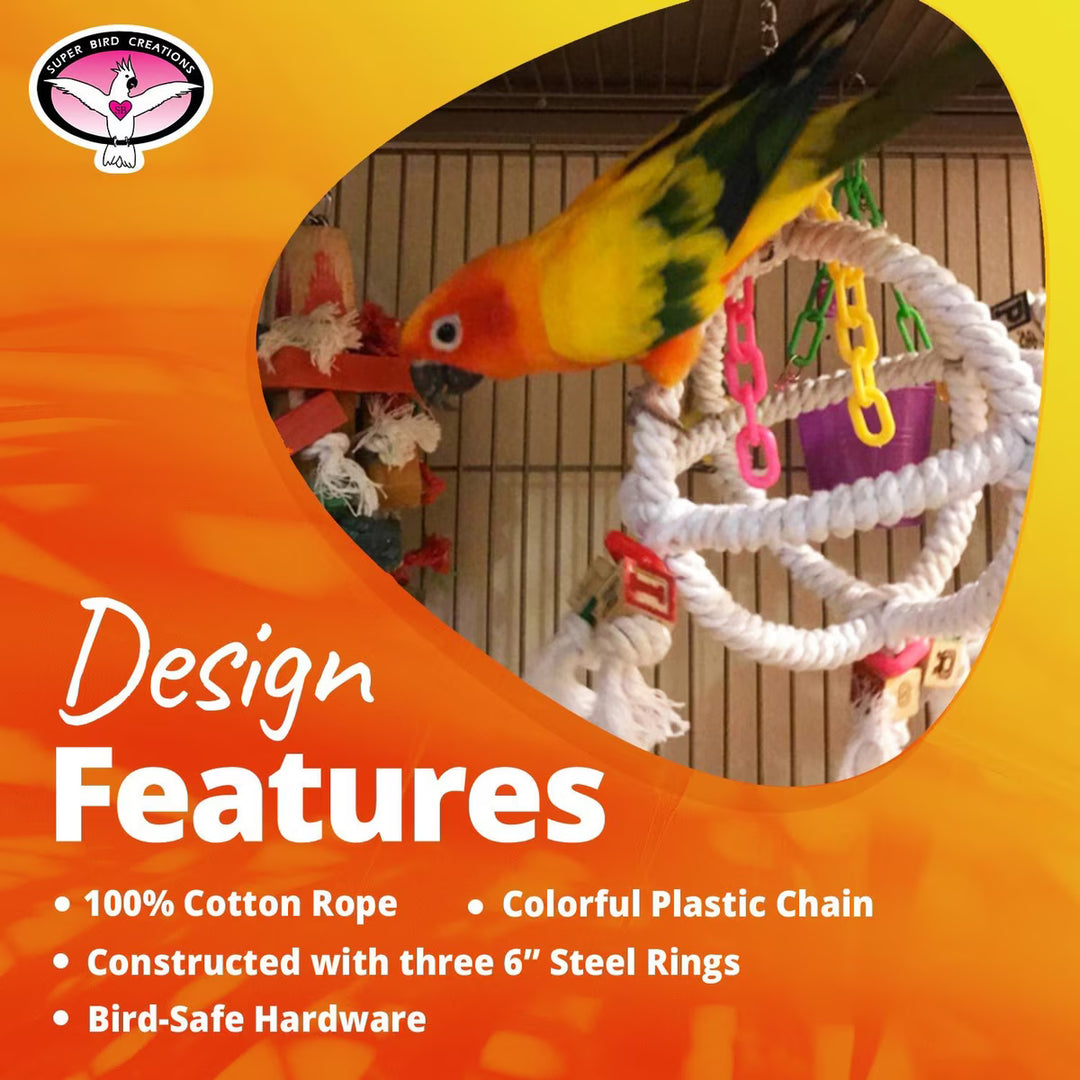 Parrot interacting with Super Bird Creations Orbiter  bird toy in a cage, with promotional text about product features.
