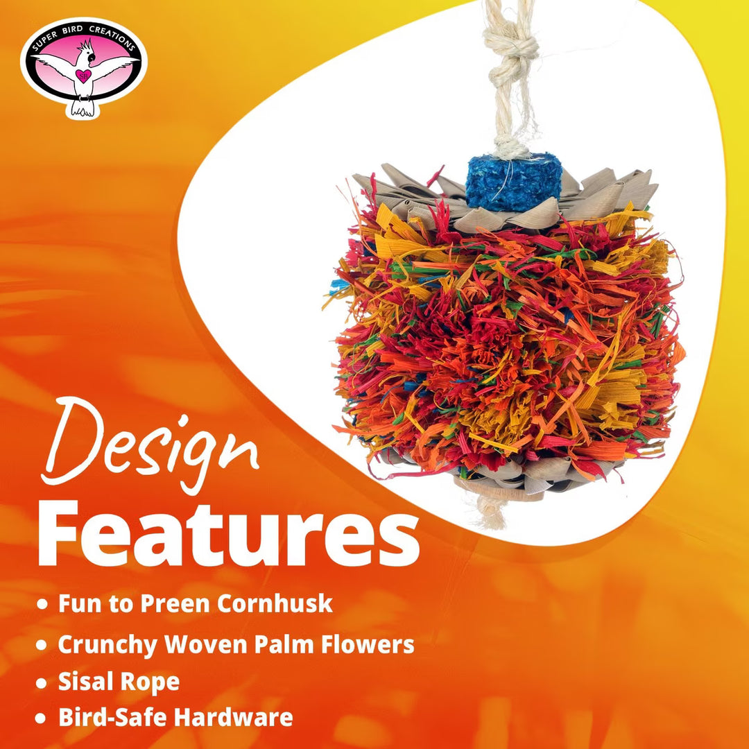 Colorful bird toy with text listing design features on an orange background