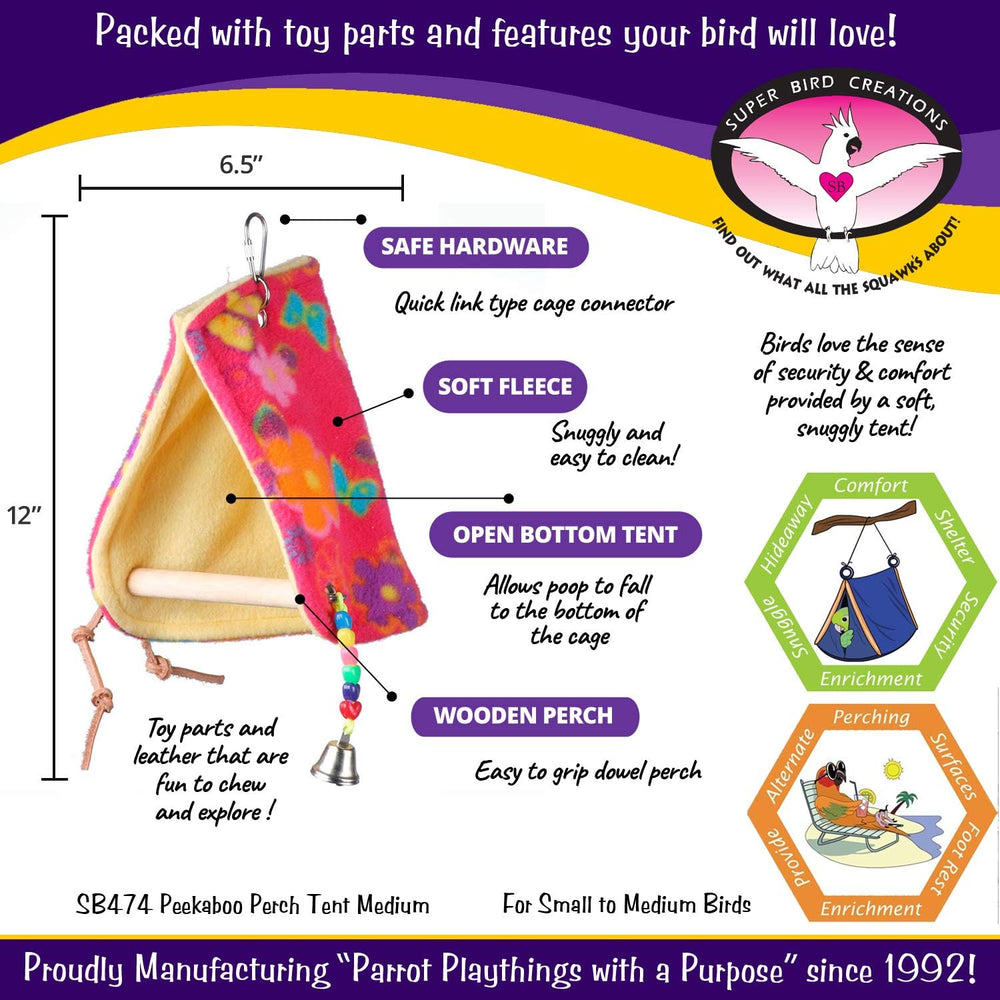 Super Bird Creations Peekaboo Perch Tent features highlighted and Super Bird Creations branding.