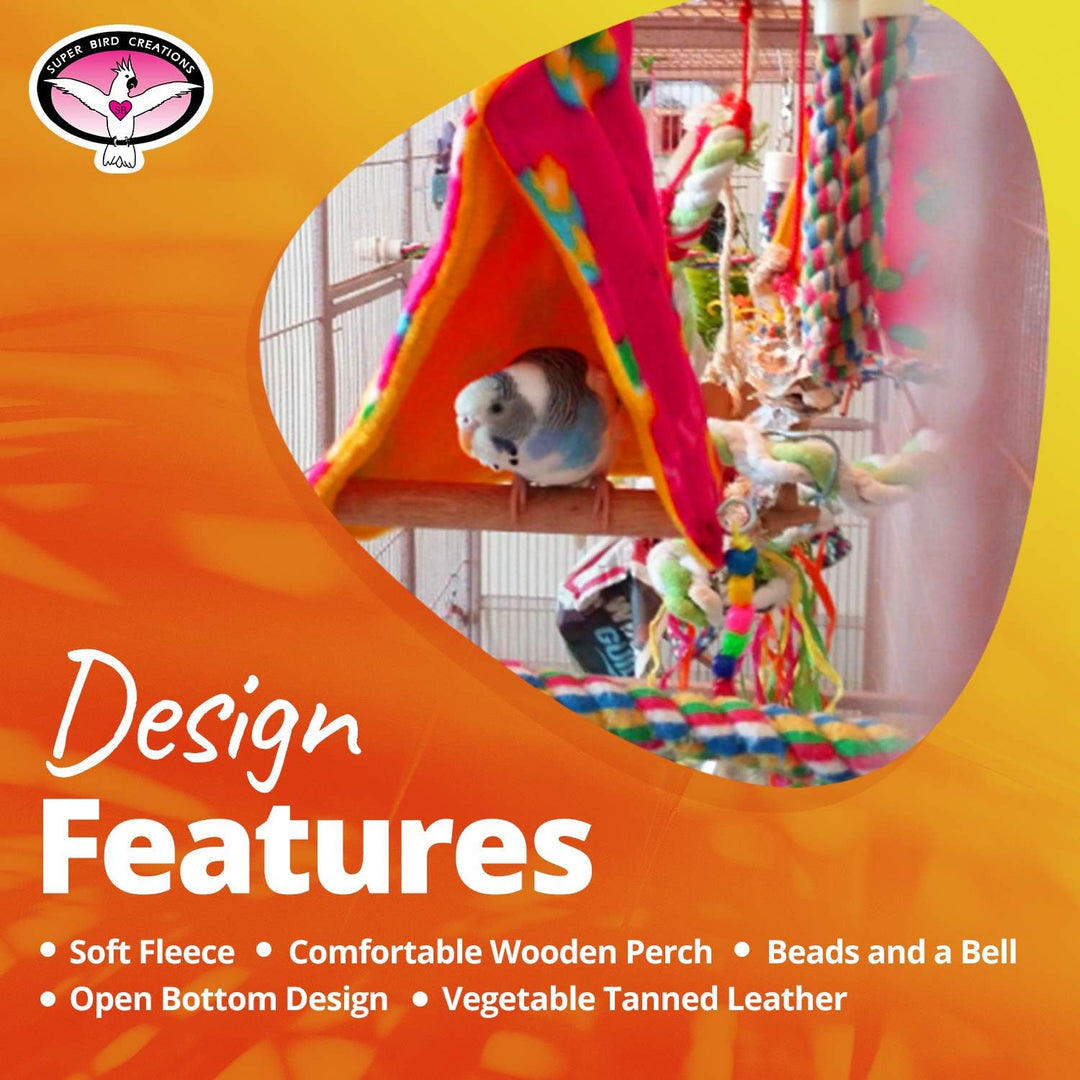 Colorful bird play tent (Super Bird Creations Peekaboo Perch Tent - Medium) with a parakeet inside, featuring text on design features.