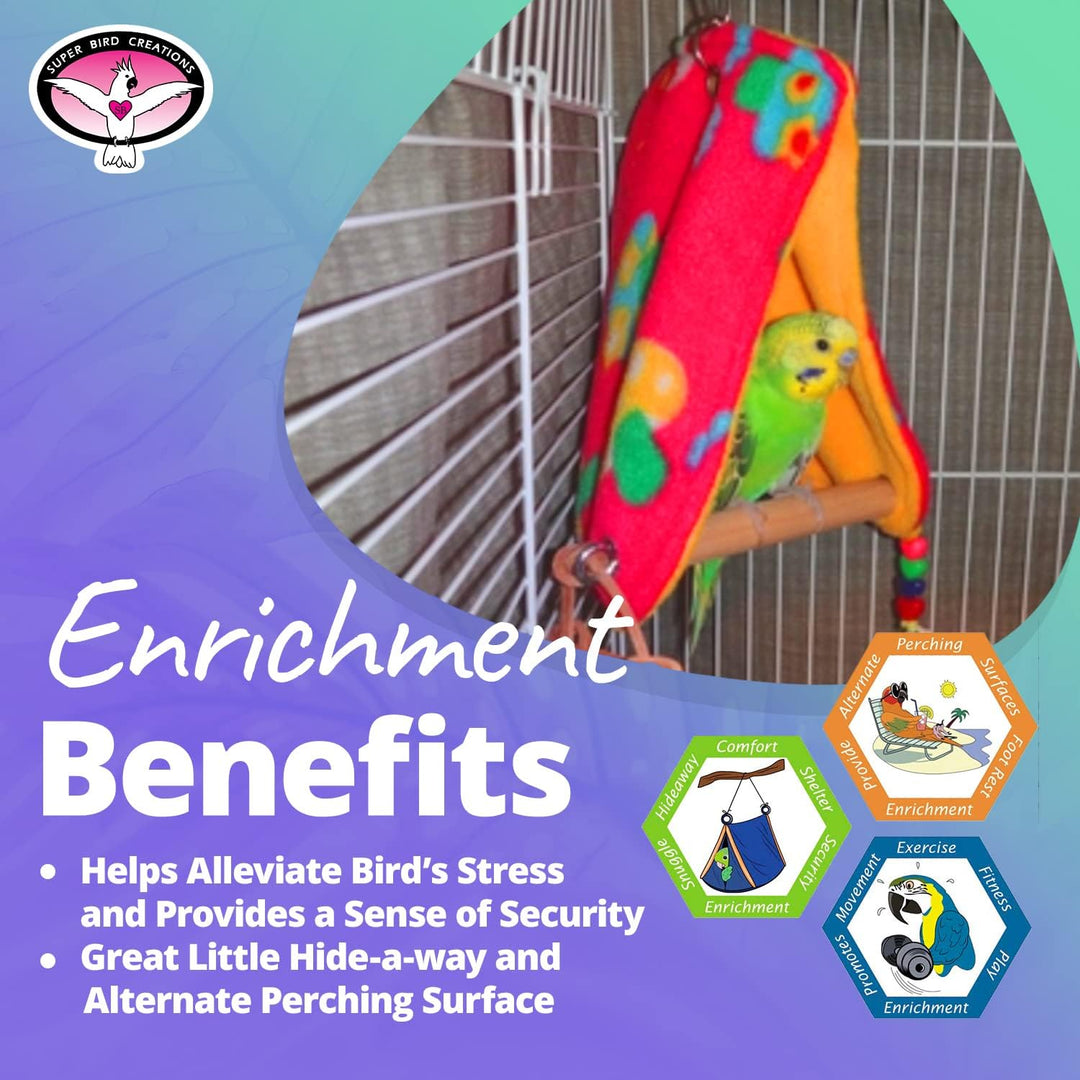 Bird in a tent with colorful enrichment toys and text about its benefits