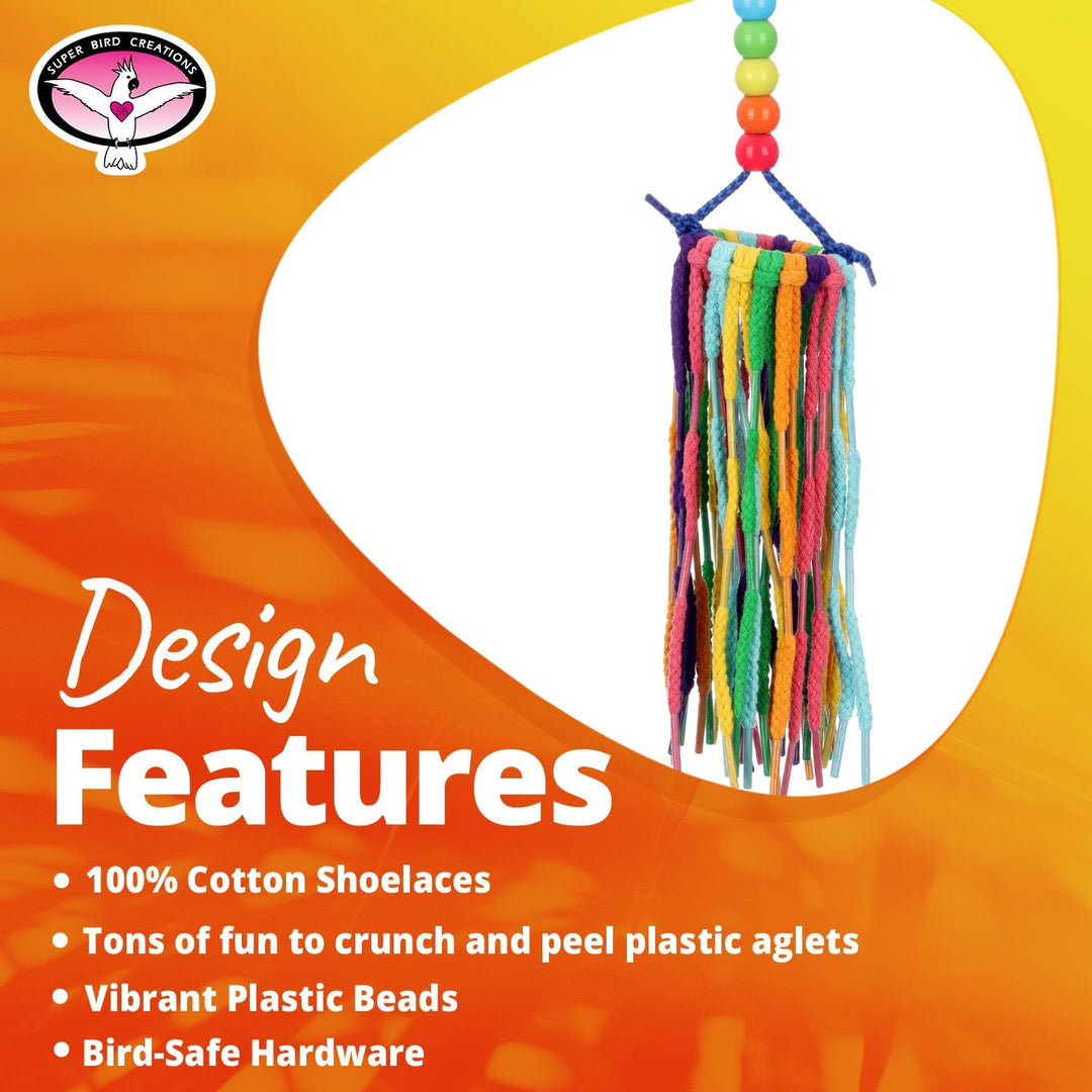 Colorful bird toy (Super Bird Creations Rainbow Aglets - Small) with shoelaces and beads on an orange background, featuring Super Bird Creations logo.