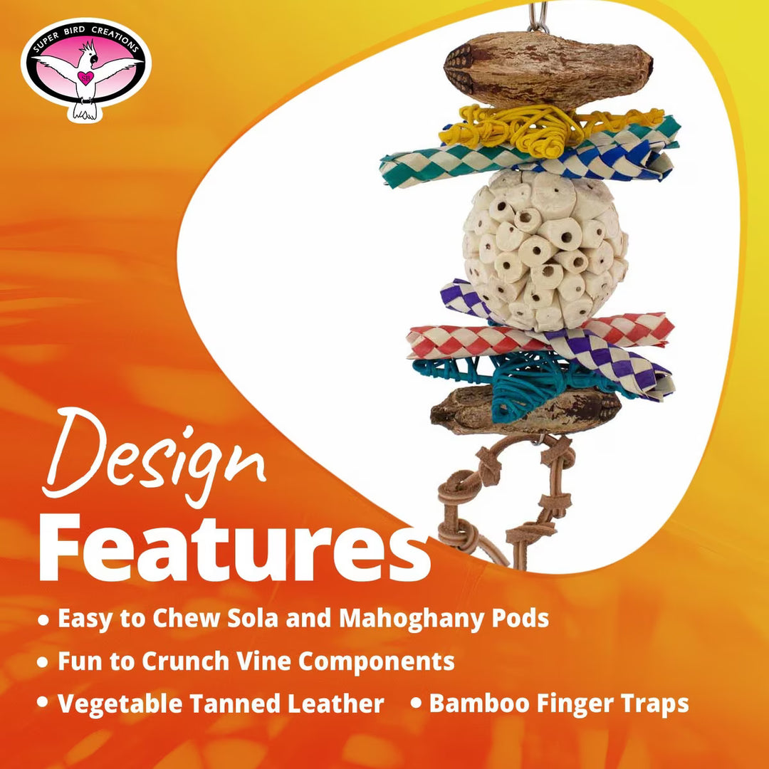 Super Bird Creations Sola Ball Delight Bird toy with various components on an orange background, featuring text about design features.
