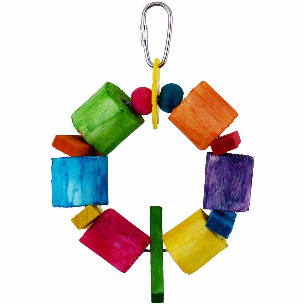 Colorful wooden Super Bird Creations Sola Balsa Ring bird toy with a carabiner on a white background