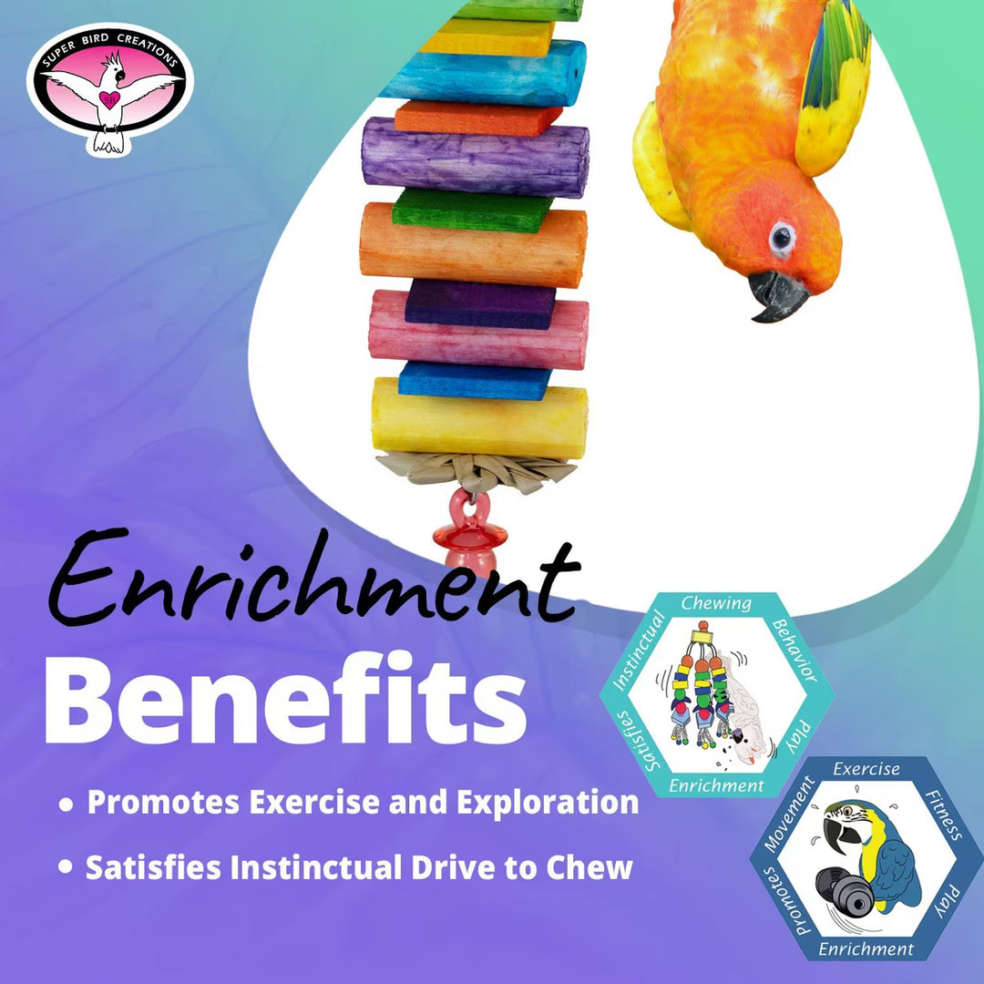 Super Bird Creations Sola Balsa Stack bird toy with a parrot and text about enrichment benefits on a gradient background
