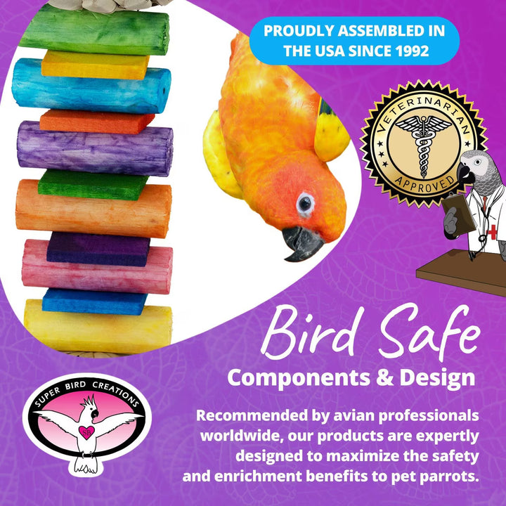 Super Bird Creations Sola Balsa Stack bird toy with text about assembly, safety, and approval by avian professionals on a purple background.