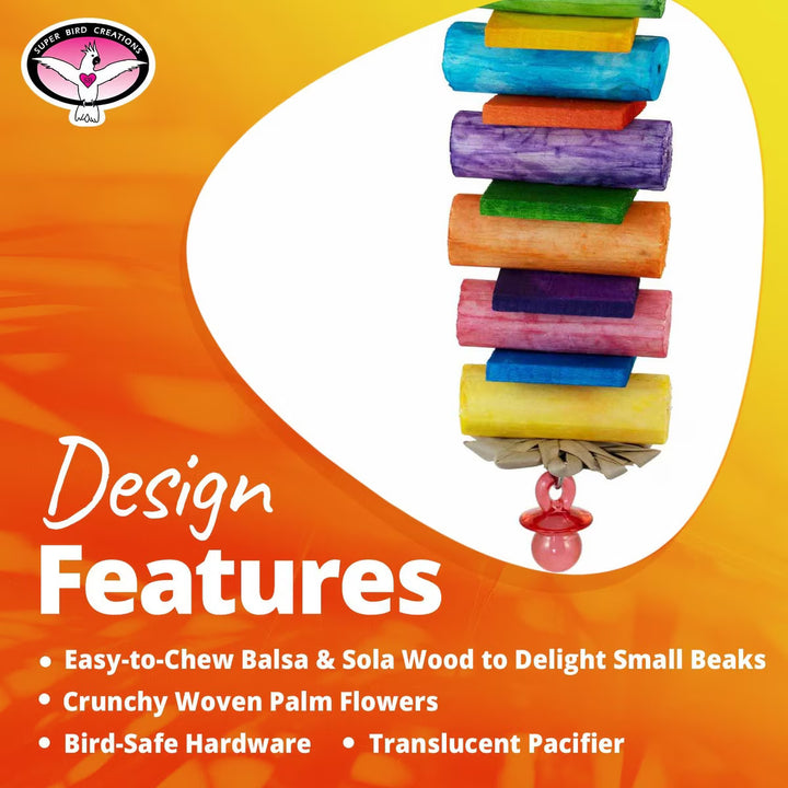 Super Bird Creations Sola Balsa Stack bird toy with design features text on an orange background