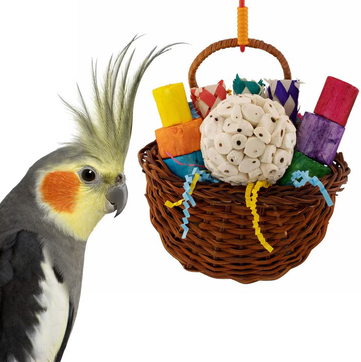 Super Bird Creations Sola Party Basket  bird toy with a wicker basket and wooden blocks next to a parrot on a white background