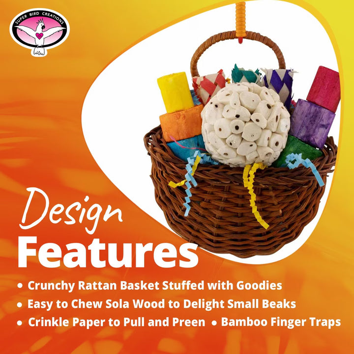Wicker basket with colorful toys on an orange background, featuring Super Bird Creations logo.