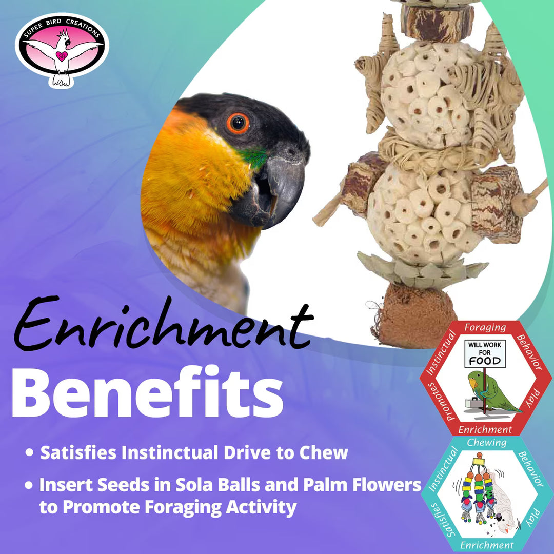 Bird enrichment product with a parrot and text about benefits on a colorful background