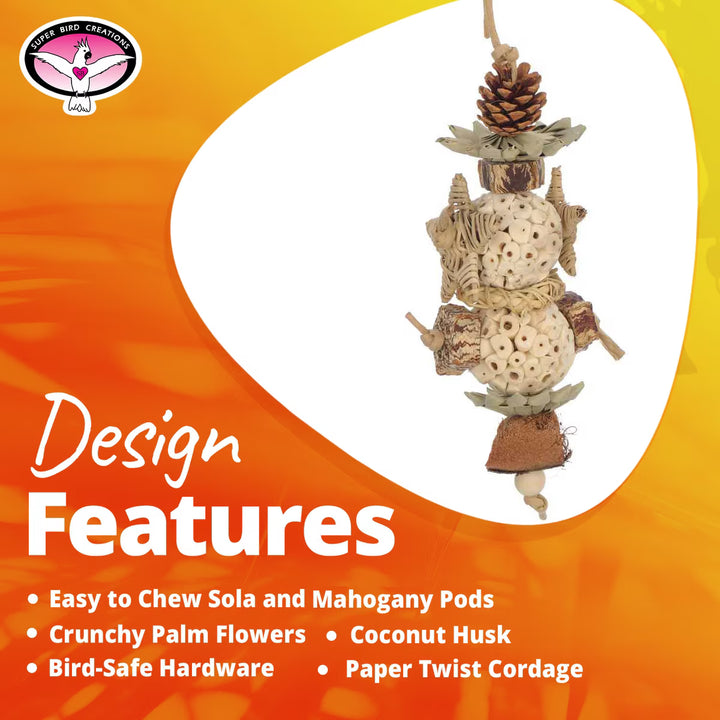 Super Bird Creations Sola Star Tree Bird toy with natural materials on an orange background, featuring Super Bird Creations logo.
