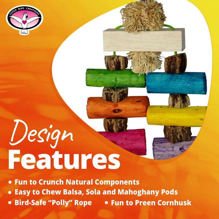 Super Bird Creations Sola Surprise Bird toy with natural components on an orange background, featuring text about design features.