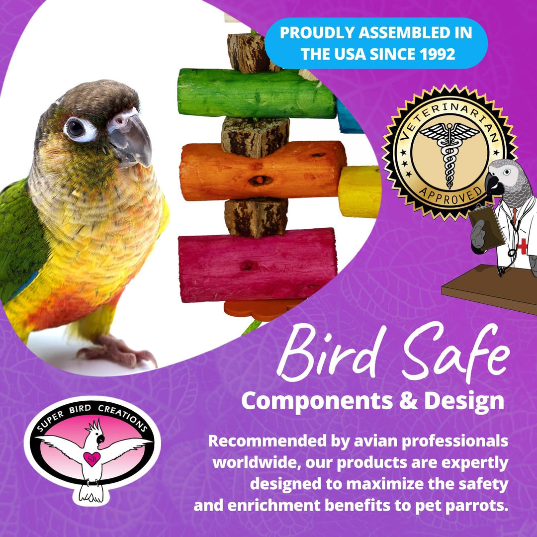 Bird-safe product with a parrot and wooden blocks on a purple background, featuring Super Bird Creations branding.