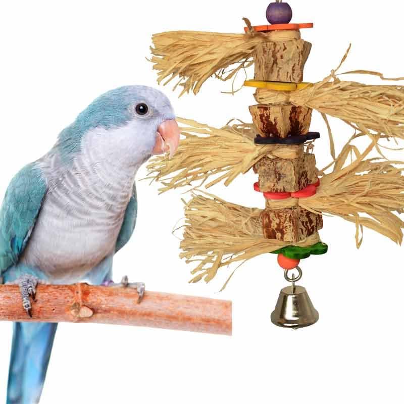 Blue and gray parrot perched on a branch next to Super Bird Creations Tassel Time bird toy with straw and wood elements.