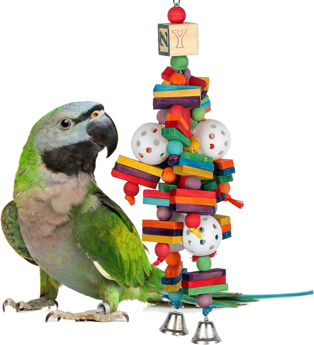 Green parrot perched next to a Super Bird Creations Wally's Wonder bird toy on a white background