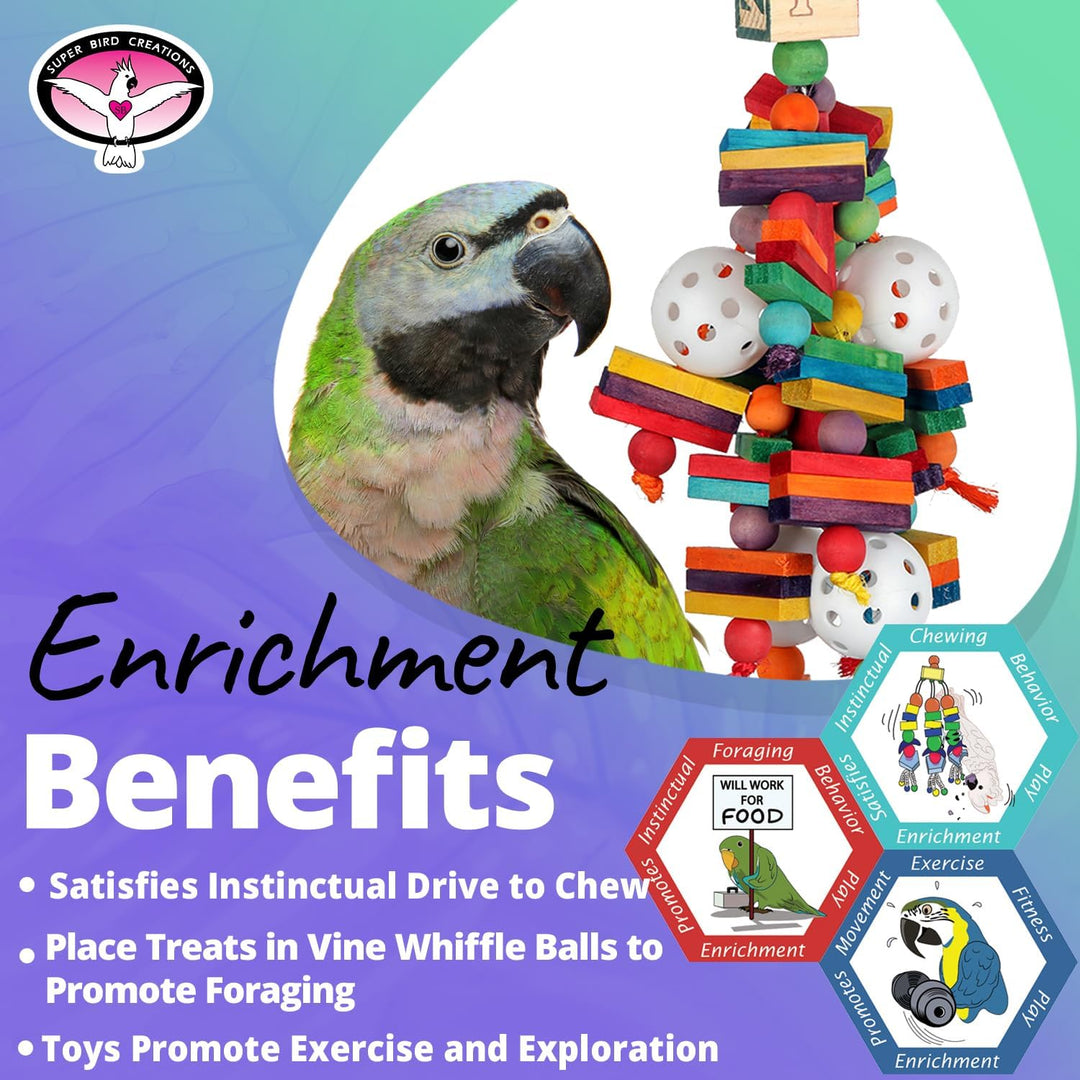 Super Bird Creations Wally's Wonder bird toy with a parrot and text about enrichment benefits on a gradient background