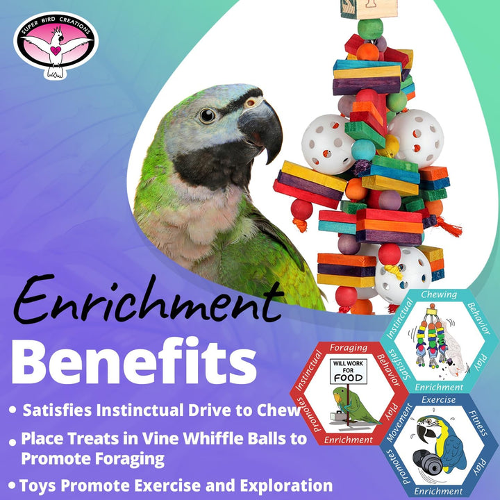 Super Bird Creations Wally's Wonder bird toy with a parrot and text about enrichment benefits on a gradient background