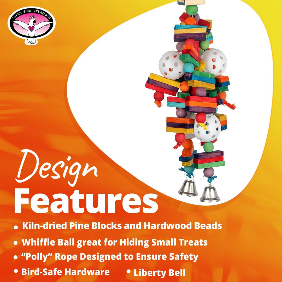 Super Bird Creations Wally's Wonder bird toy with design features listed on an orange background