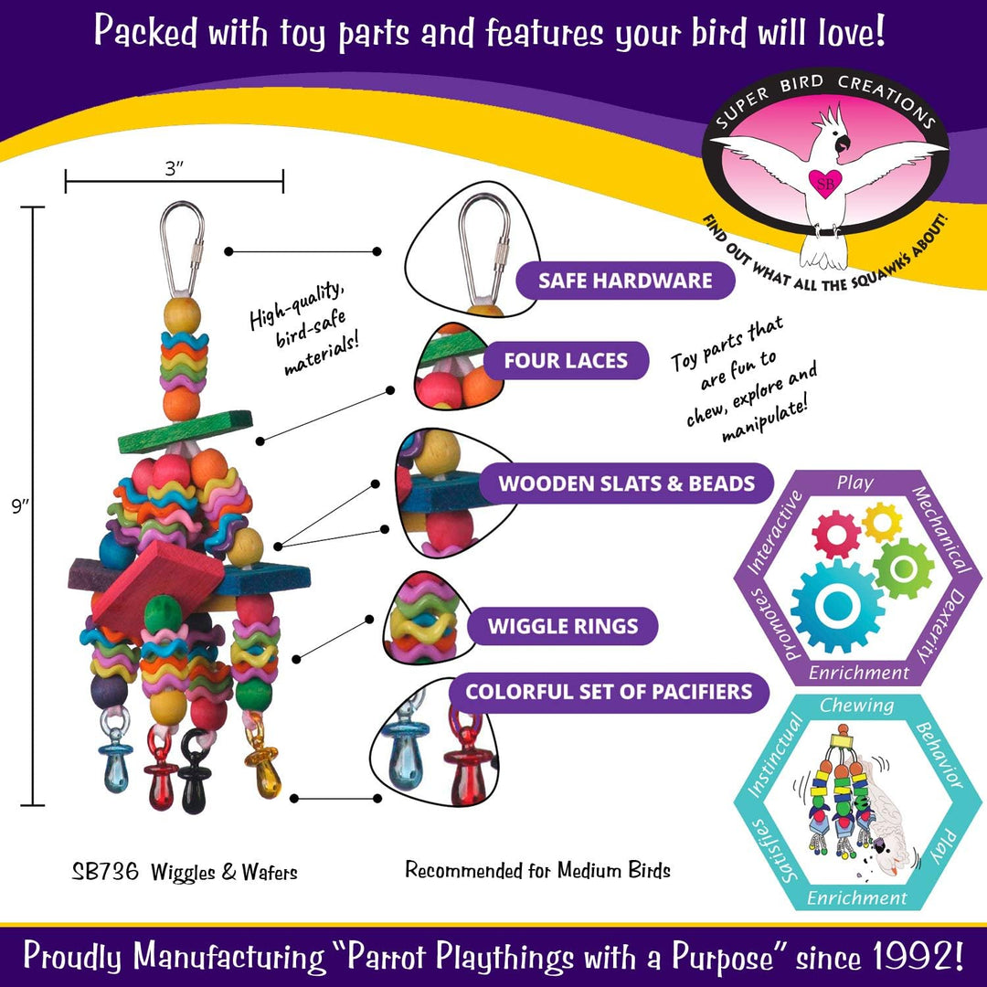 Super Bird Creations Wiggles & Wafers Bird toy with features and specifications, branded as Super Bird Creations.