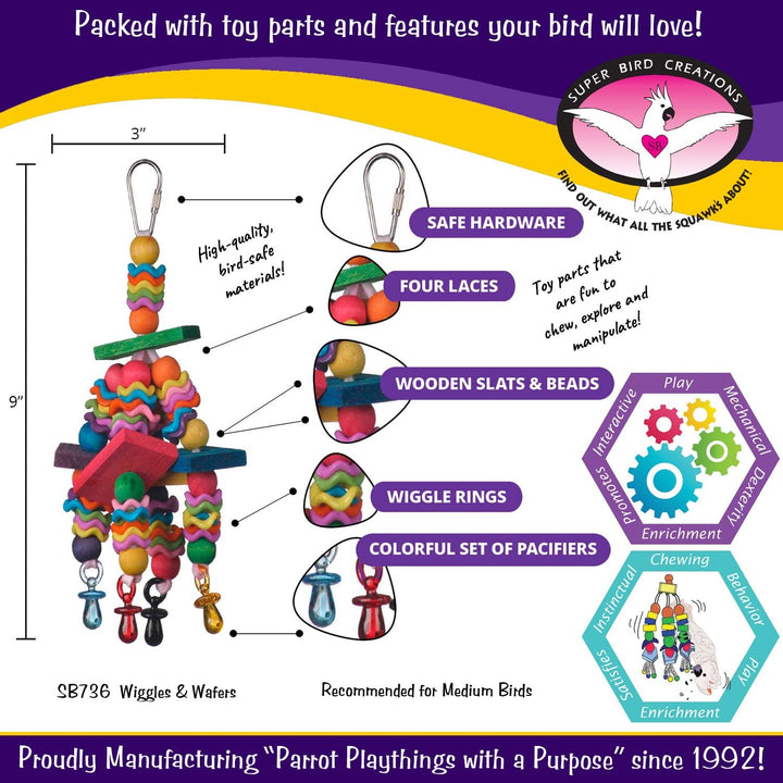 Super Bird Creations Wiggles & Wafers Bird toy with features and specifications, branded as Super Bird Creations.
