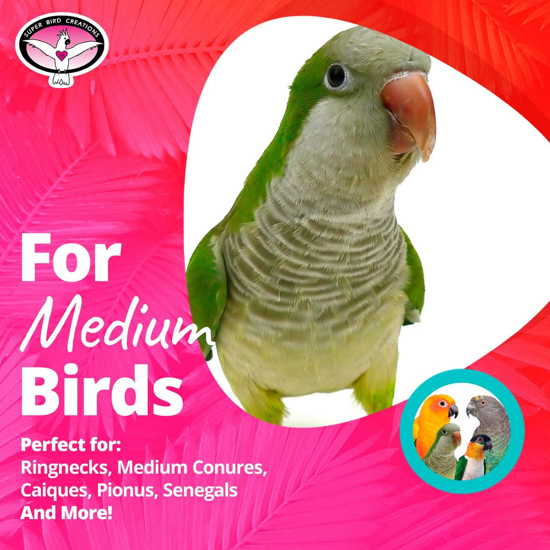 Parrot on a pink background with text about bird products