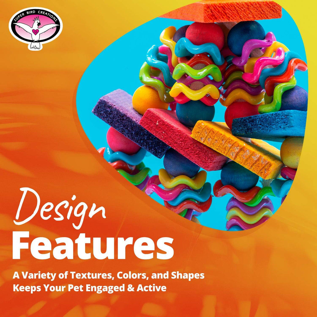 Super Bird Creations Wiggles & Wafers pet toy with text on an orange background
