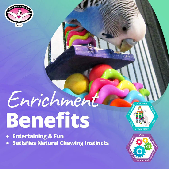 Parrot playing with a colorful toy, with text about enrichment benefits on a green and purple gradient background.