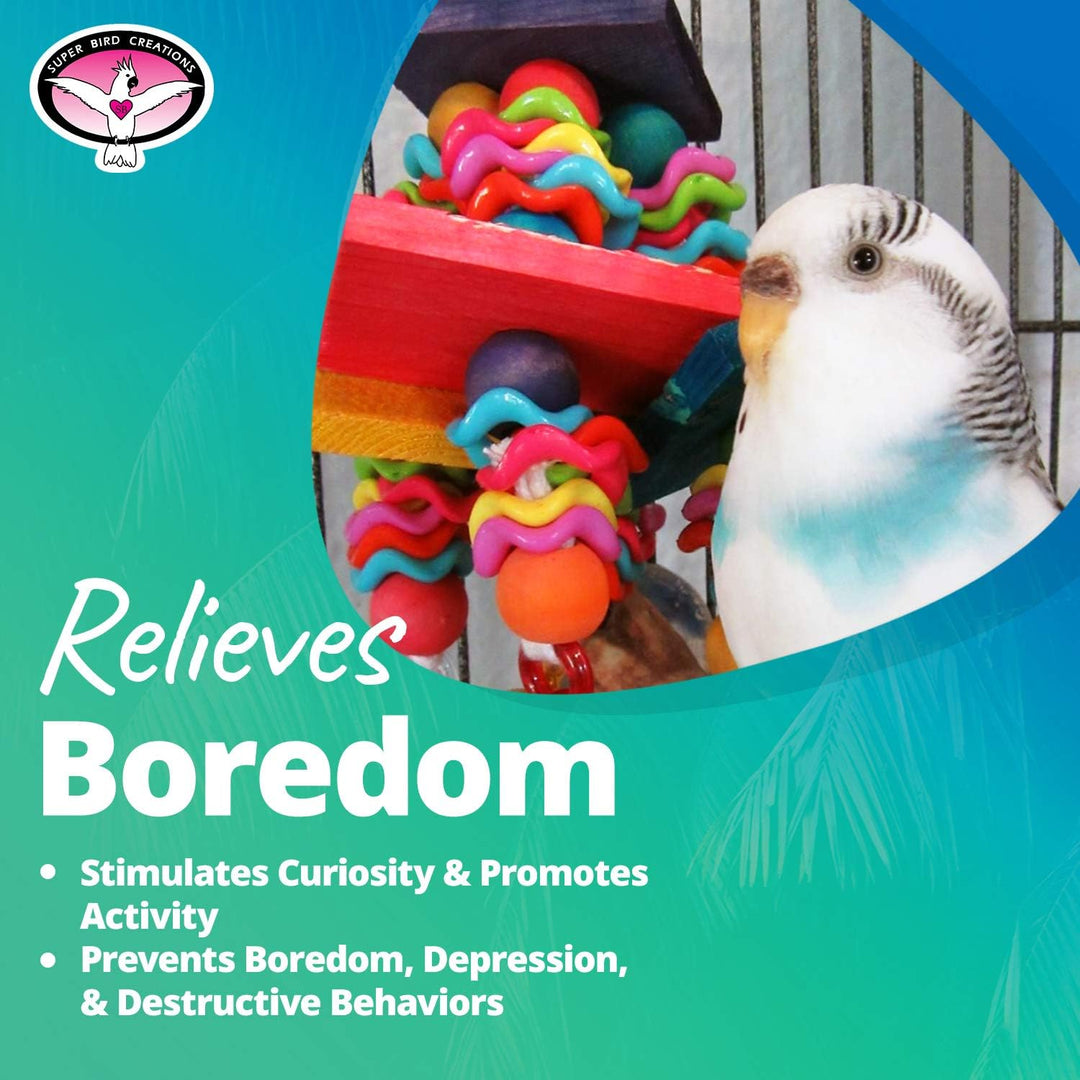 Parakeet with Super Bird Creations Wiggles & Wafers bird toy and text about relieving boredom and stimulating activity.