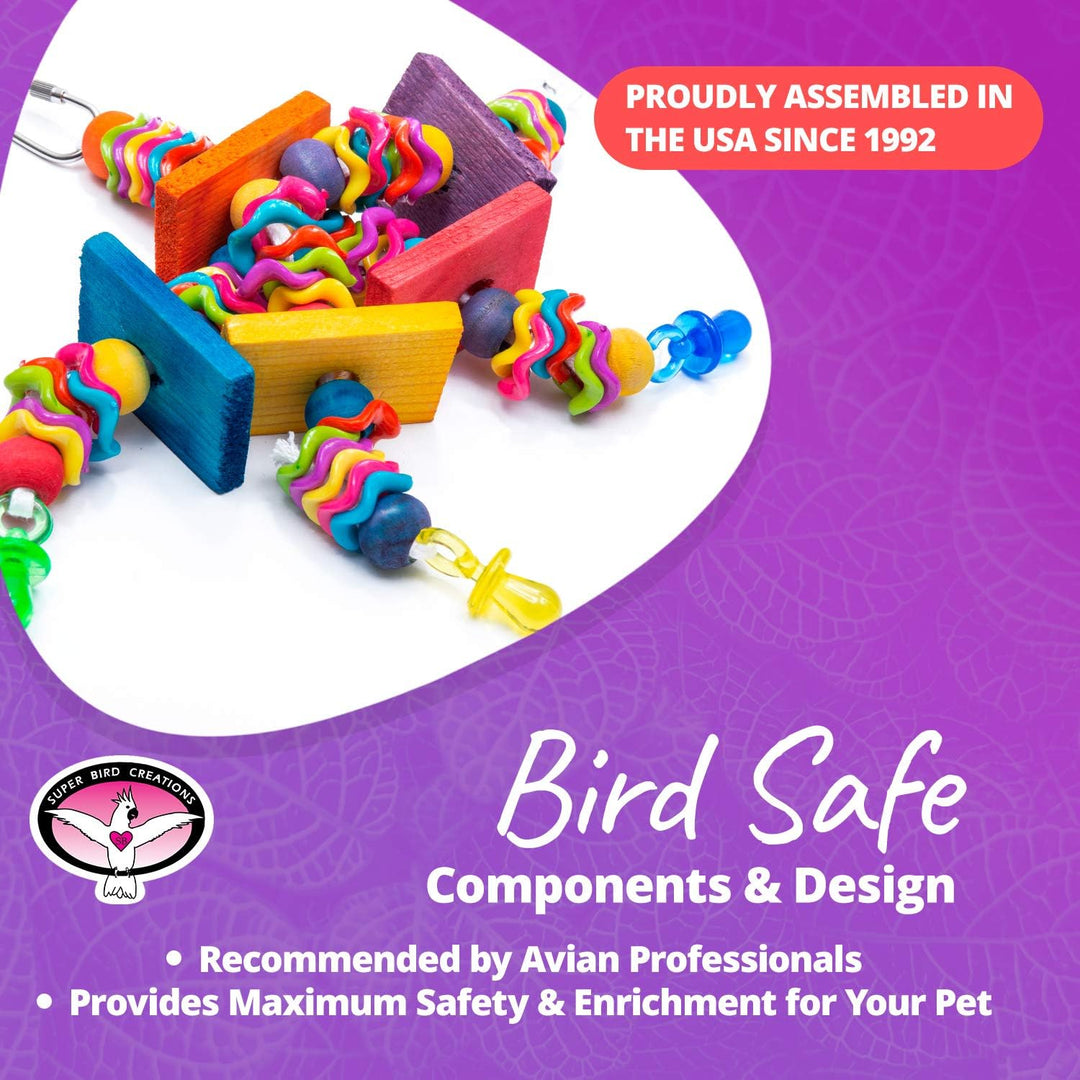 Super Bird Creations Wiggles & Wafers bird toy with text about assembly, safety, and design on a purple background