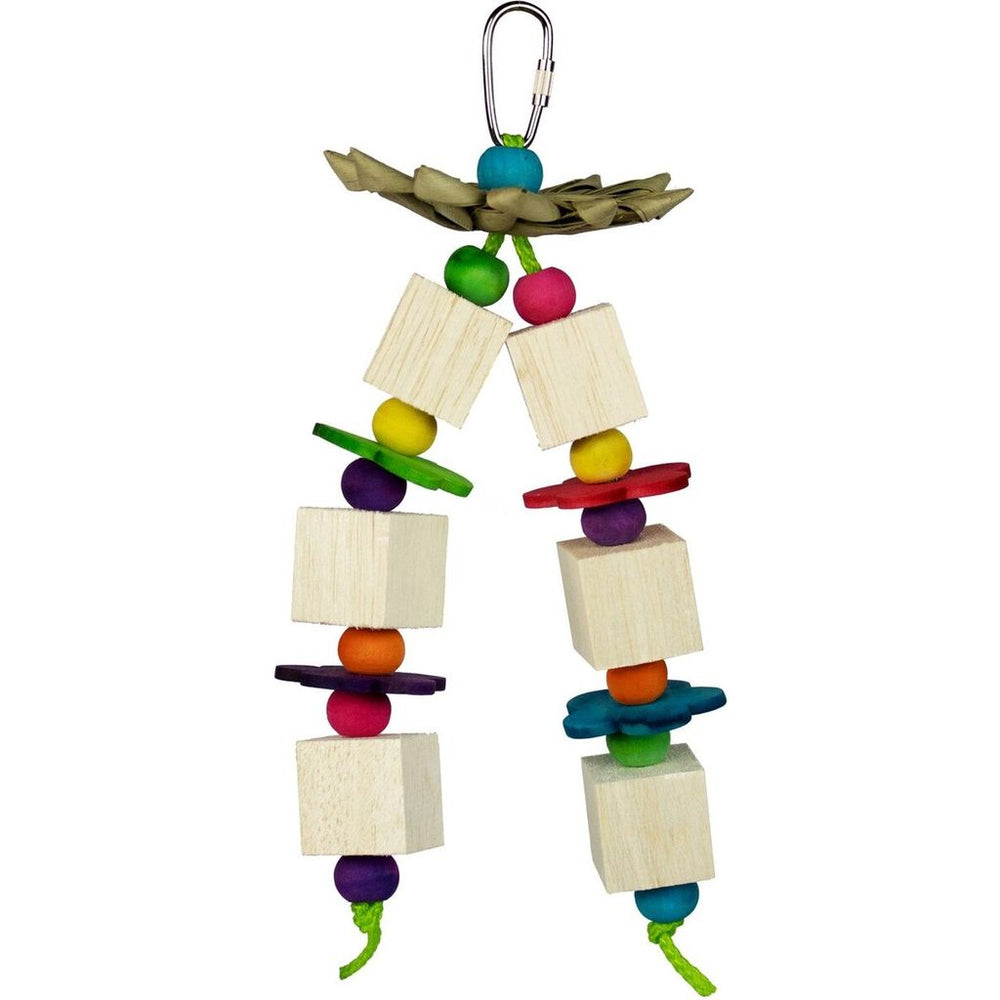 Colorful bird toy with wooden blocks and beads on a white background