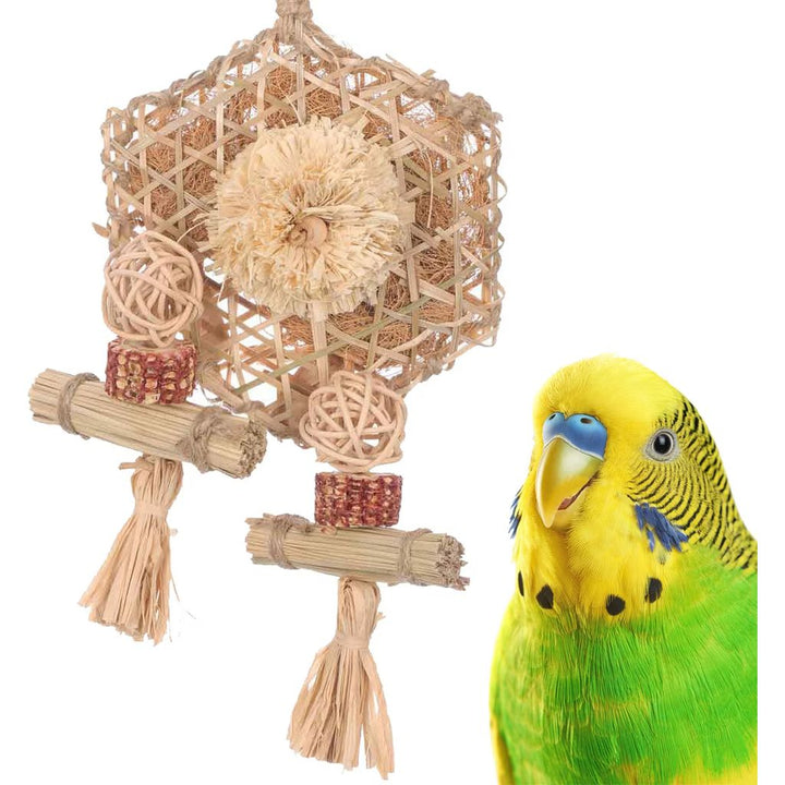 Super Bird Creations Bamboo Playwall Bird toy made of natural materials with a parrot on a white background