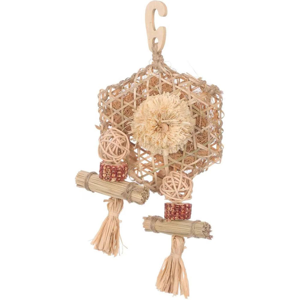 Super Bird Creations Bamboo Playwall Bird toy made of natural materials with a hanging hook on a white background