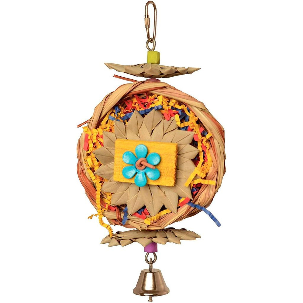 Decorative bird toy (Super Bird Creations Beakwhich) with woven design, colorful elements, and a bell on a white background