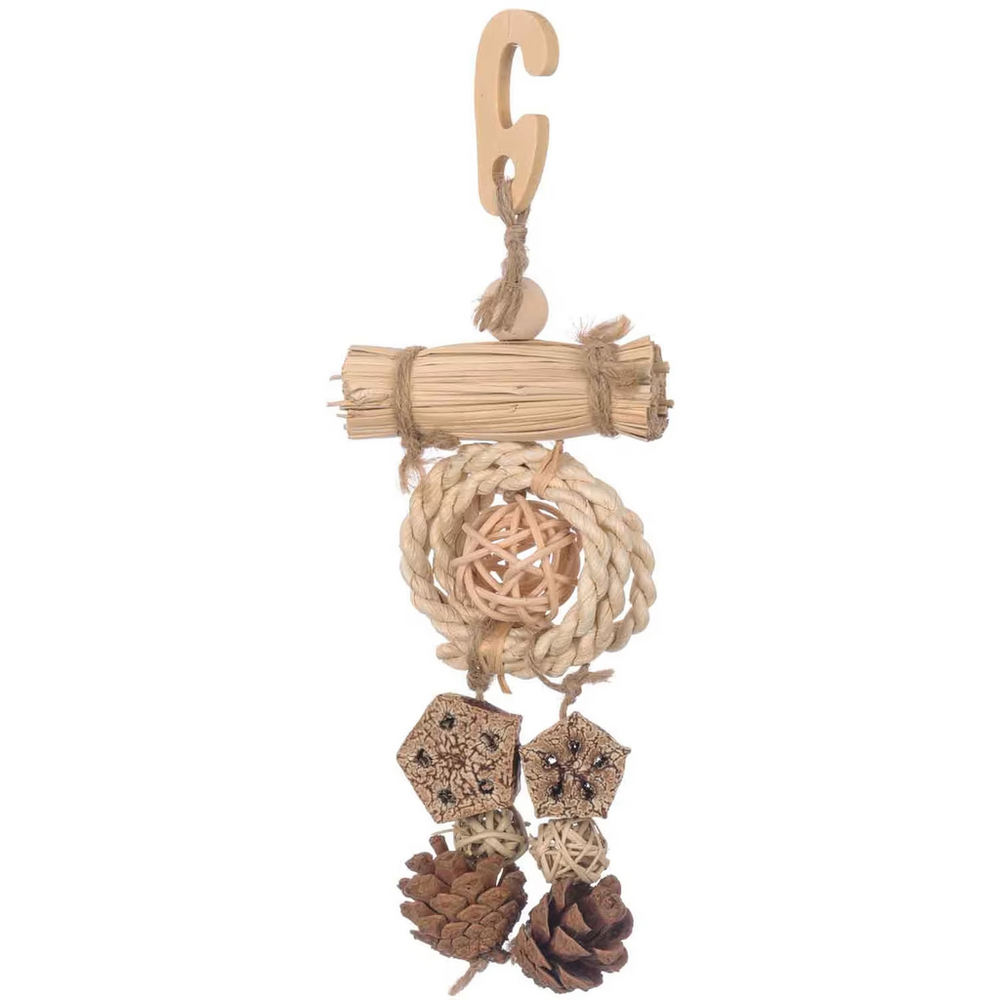 Decorative hanging bundle with twigs, pinecones, and a small ball on a white background