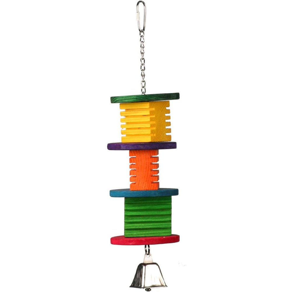 Super Bird Creations Disco Fever bird toy with multiple levels and a bell on a white background