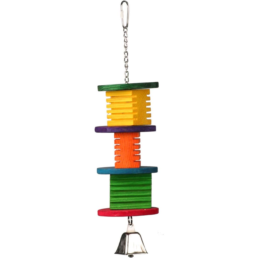 Super Bird Creations Disco Fever bird toy with multiple levels and a bell on a white background