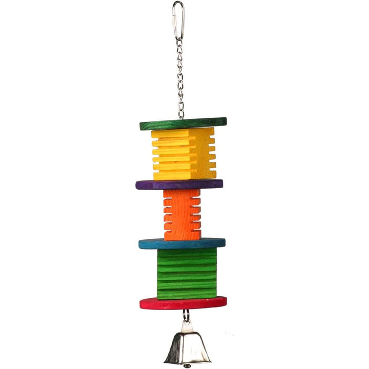 Super Bird Creations Disco Fever bird toy with multiple levels and a bell on a white background