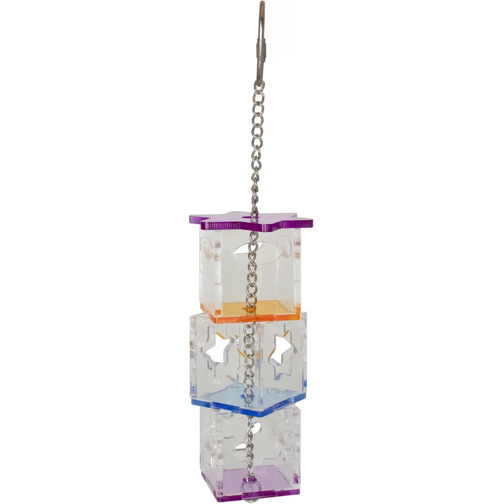 Super Bird Creations Foraging Cubes with colorful accents and a chain on a white background