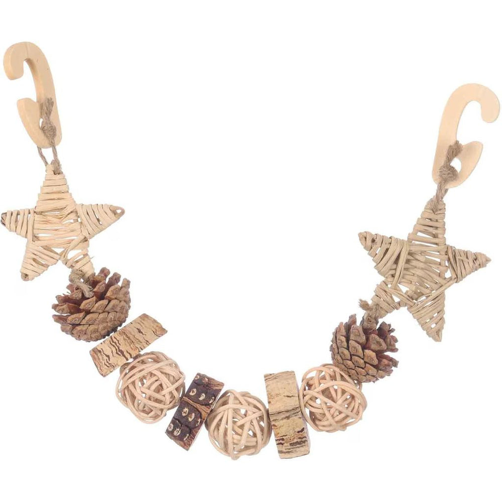 Super Bird Creations Forest Garland Bird toy with star shapes, pinecones, and rattan balls on a white background.