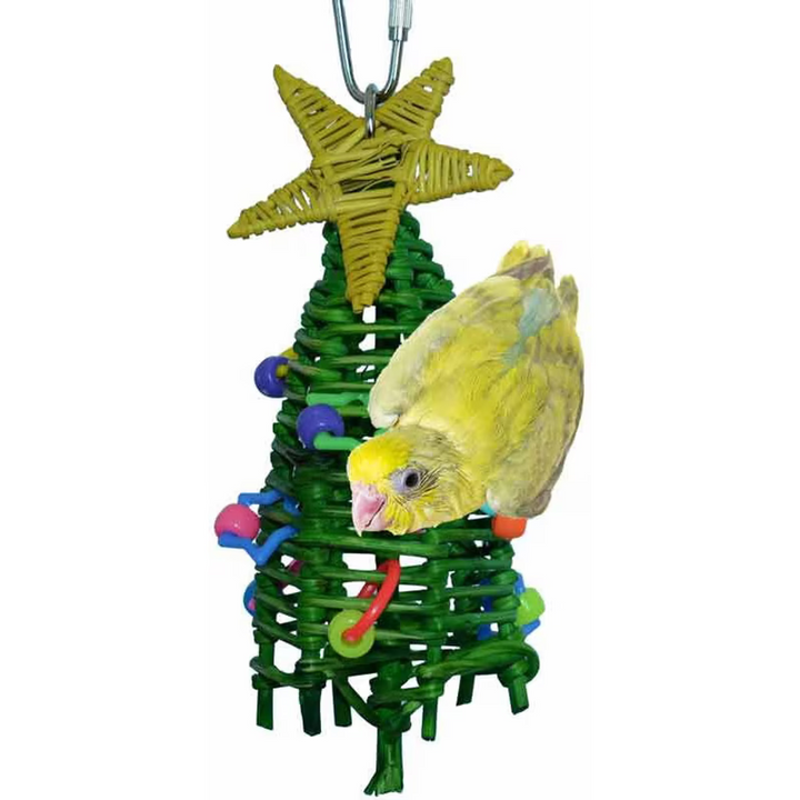Bird perched on a colorful bird toy- Super Bird Creations Mini Xmas Tree.