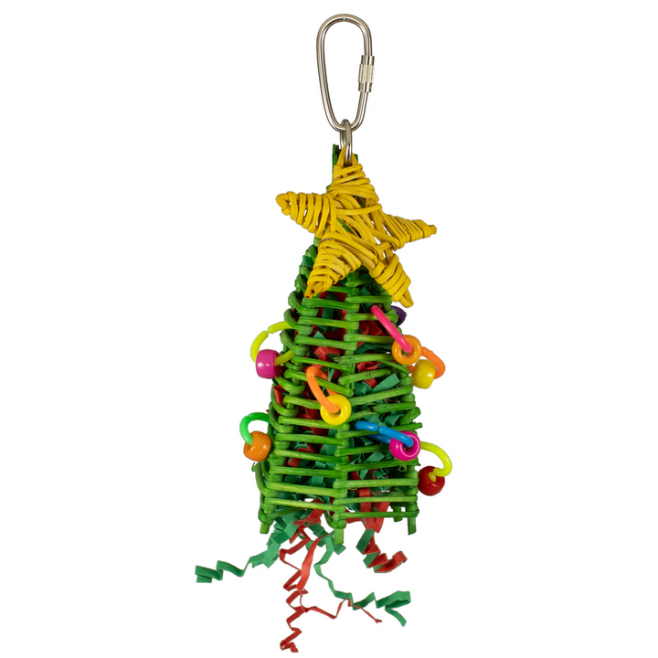 Green Christmas tree-shaped toy (Super Bird Creations Mini Xmas Tree) with colorful decorations and a carabiner on a white background