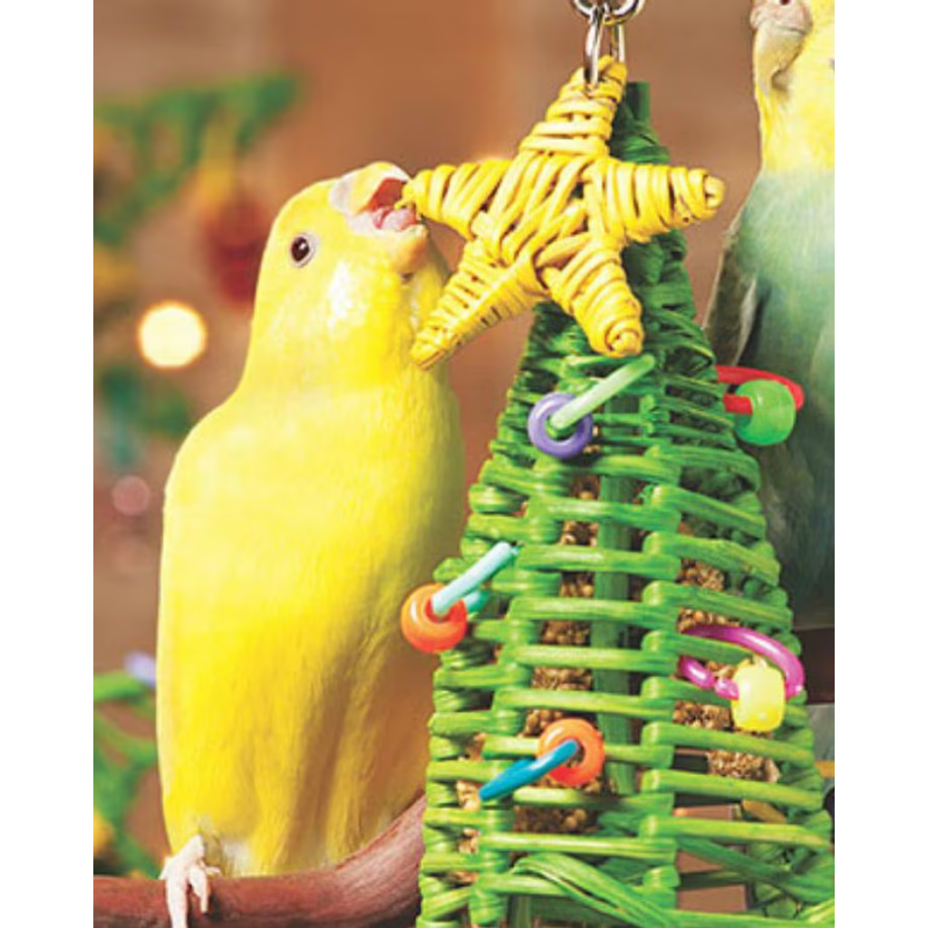 Yellow parrot interacting with a colorful bird toy - Super Bird Creations Mini Xmas Tree