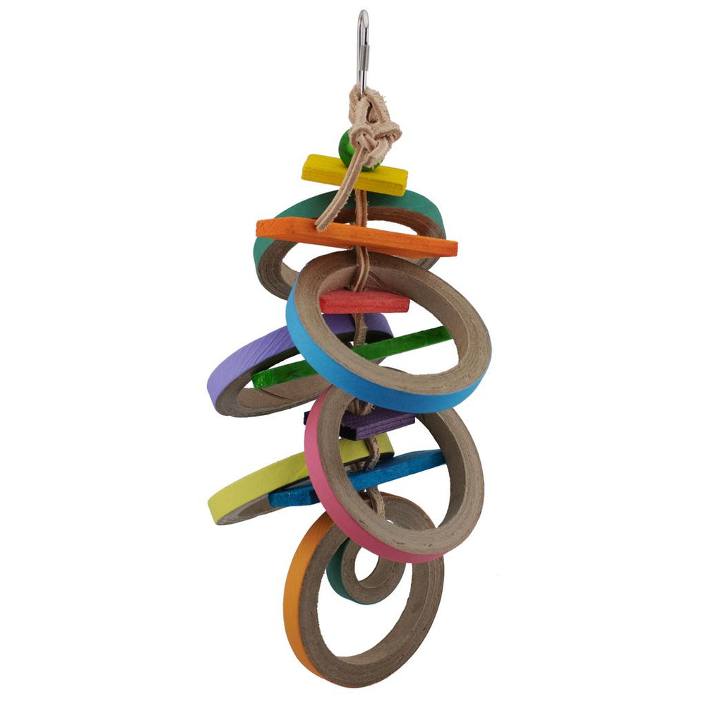Colorful bird toy Super Bird Creations Olympic Rings with cardboard rings on a white background