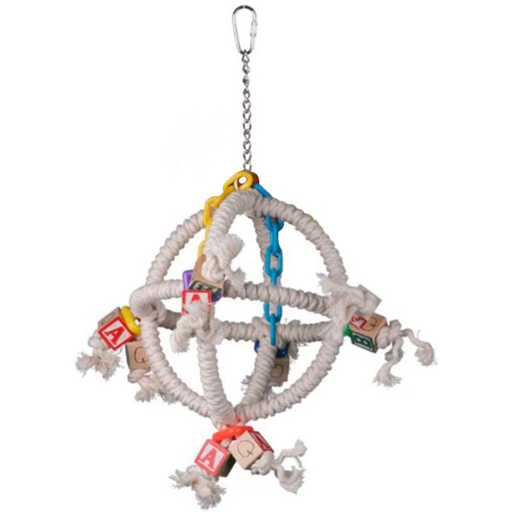 Super Bird Creations Orbiter Bird toy with rope and wooden blocks on a white background