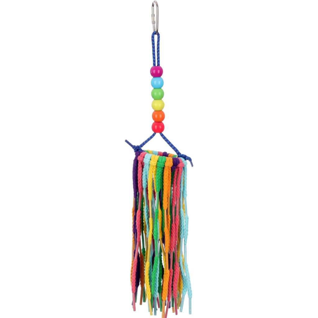 Colorful bird toy (Super Bird Creations Rainbow Aglets - Small) with beads and tassels on a white background