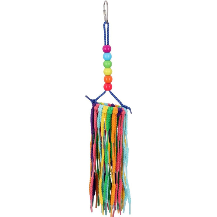 Colorful bird toy (Super Bird Creations Rainbow Aglets - Small) with beads and tassels on a white background