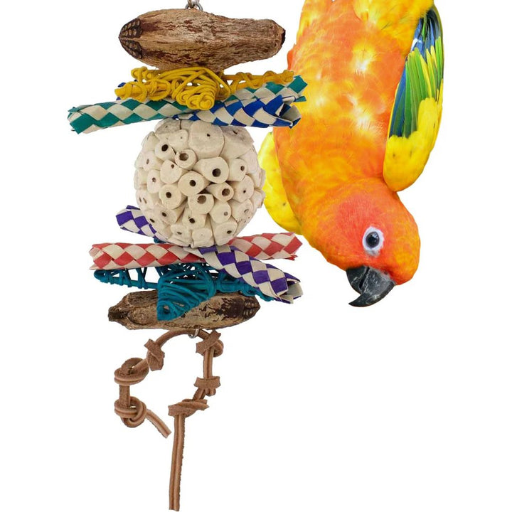 Super Bird Creations Sola Ball Delight Bird toy with colorful parrot figure and various elements on a white background